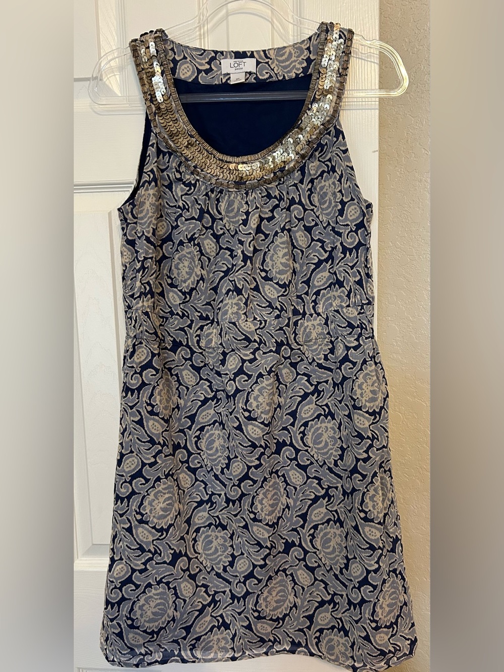 LOFT Navy and Gold Sequin Neckline Mini Dress